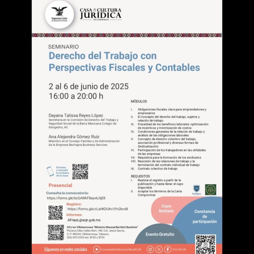 Seminario de Derecho del Trabajo con Perspectivas Fiscales y Contables — Casa de la Cultura Jurídica de Villahermosa